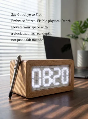 Product Description Experience a truly unique timepiece – the Mechanical Push-Pull Digital Clock. Combining the tactile charm of kinetic mechanics with the natural beauty of solid wood, this clock redefines how you see and feel time. Natural Wood Cover Design – Crafted from selected high‑quality wood, featuring warm, natural grain. Blends practicality with decorative aesthetics for home or commercial spaces. Patented Mechanical Push-Pull Display – Time digits are split into independently controllable retractable segments. Segments protrude or retract to form numbers, creating a dynamic mechanical visual effect. Wi‑Fi Automatic Time Calibration – Syncs with network standard time wirelessly. No more manual adjustments – accurate around the clock. Multi‑Motor Collaborative Control – Self‑developed algorithm drives each segment smoothly. No jamming, no misalignment, no lag. Closed‑Loop Auto Calibration – Real‑time self‑detection and correction. Maintains high precision even after long‑term use, compensating for mechanical wear. Smart Adjustable LED Brightness – Built‑in LED lighting system with free brightness adjustment. Balances clarity and visual comfort – eye‑friendly and durable. Industrial‑Grade Stability – Vibration‑resistant, EMI‑immune, supports 24/7 continuous operation with ultra‑low failure rate. Low‑Power Silent Operation – Optimized drive circuits and motors for energy saving and near‑silent performance. coffee-table led wifi